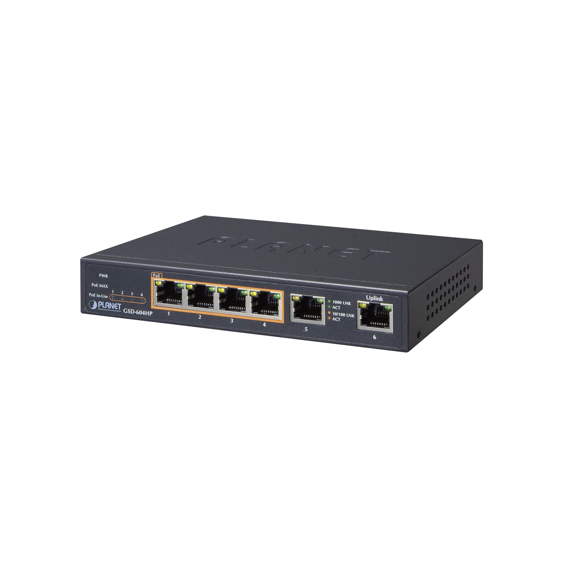 SWITCH NO ADMINISTRABLE 4 PUERTOS 10/100/1000T 802.3AT POE + 2 PUERTOS 10/100/1000T DE UPLINK PARA ESCRITORIO-Switches PoE-PLANET-Bsai Seguridad & Controles