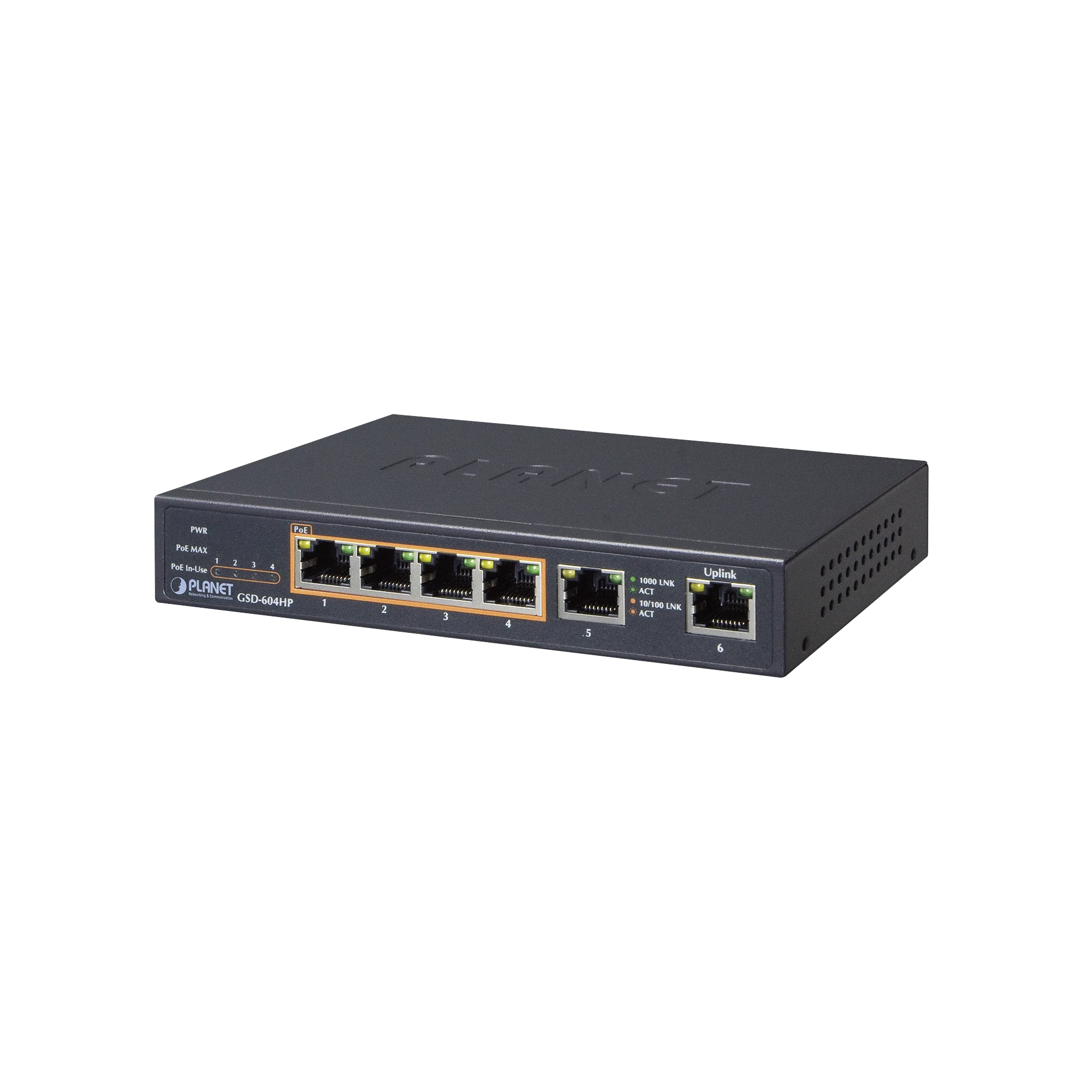 SWITCH NO ADMINISTRABLE 4 PUERTOS 10/100/1000T 802.3AT POE + 2 PUERTOS 10/100/1000T DE UPLINK PARA ESCRITORIO-Switches PoE-PLANET-Bsai Seguridad & Controles