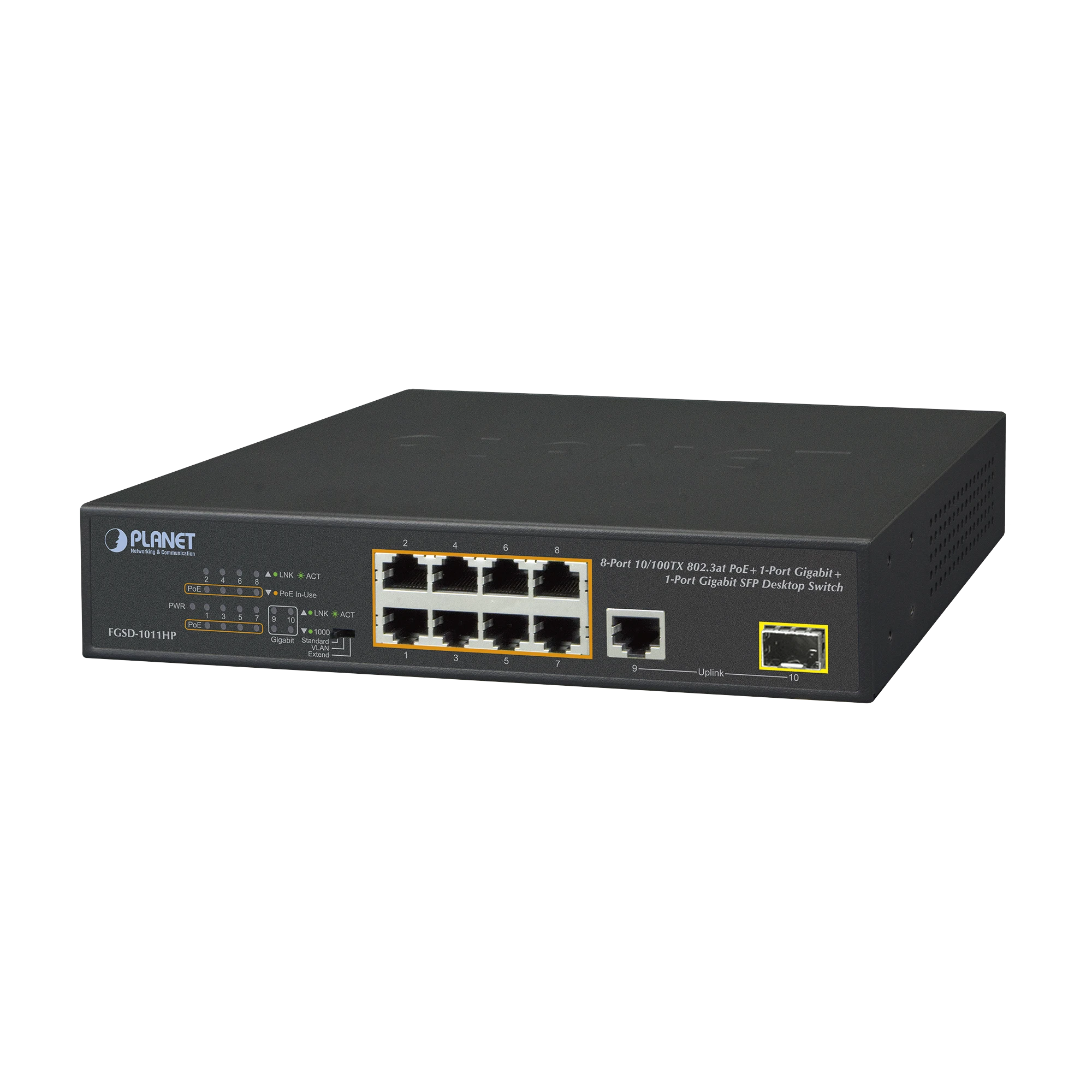 SWITCH NO ADMINISTRABLE 8 PUERTOS 10/100 C/ POE, 1 PUERTO UPLINK 10/100/1000 Y 1 SFP 100/1000 PARA ESCRITORIO-Switches PoE-PLANET-Bsai Seguridad & Controles