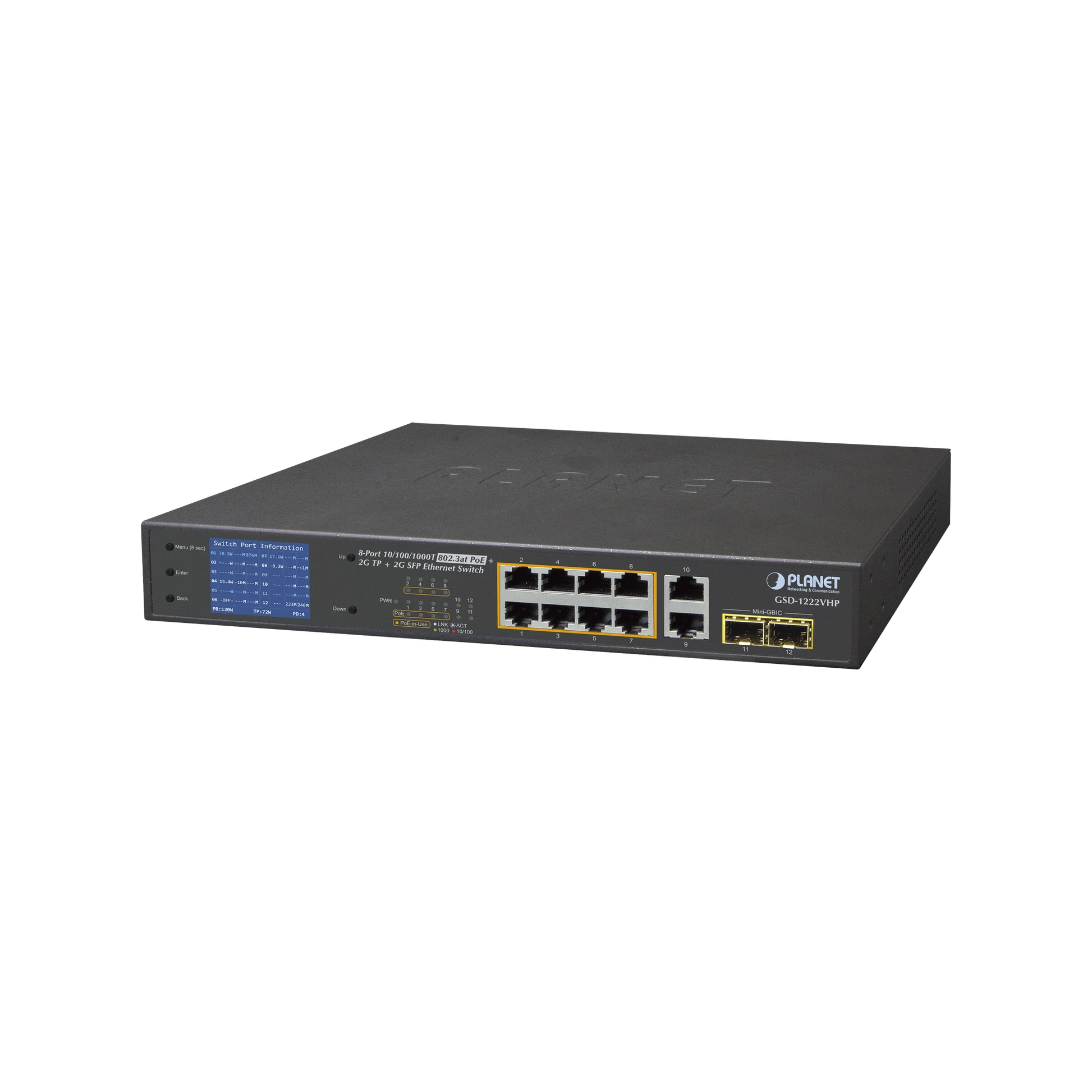 SWITCH NO ADMINISTRABLE 8 PUERTOS GIGABIT CON MODO EXTEND POE A 250 MTS, 2 PUERTOS UPLINK 10/100/1000 MBPS, 2 PUERTOS SFP-Switches PoE-PLANET-Bsai Seguridad & Controles