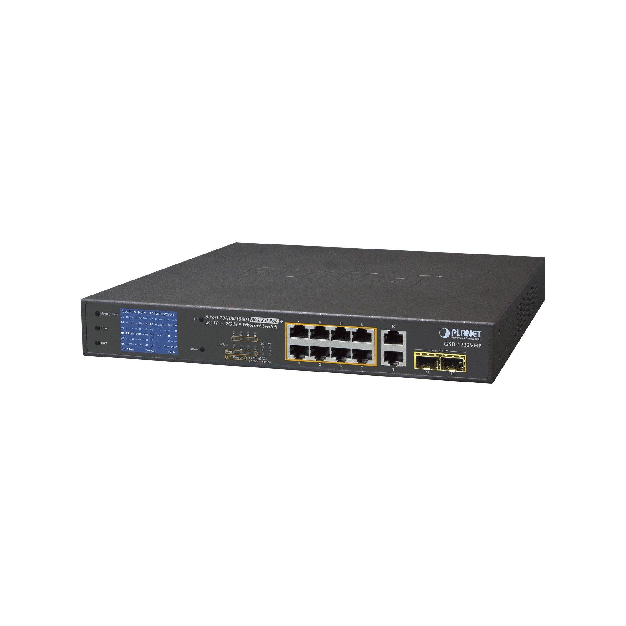 SWITCH NO ADMINISTRABLE 8 PUERTOS GIGABIT CON MODO EXTEND POE A 250 MTS, 2 PUERTOS UPLINK 10/100/1000 MBPS, 2 PUERTOS SFP-Switches PoE-PLANET-Bsai Seguridad & Controles