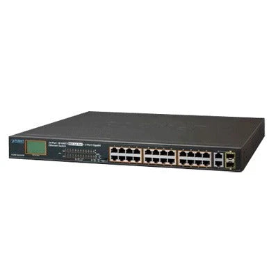 SWITCH NO ADMINISTRABLE DE 24 PUERTOS POE+, 2 COMBO TP/SFP GIGABIT Y PANTALLA LCD PARA MONITOREO-Switches PoE-PLANET-Bsai Seguridad & Controles