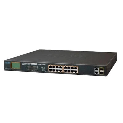 SWITCH NO ADMINISTRABLE POE+ EXTENDED, AISLAMIENTO VLAN DE 16 PUERTOS + 2 COMBO TP/SFP GIGABIT Y PANTALLA-Switches PoE-PLANET-Bsai Seguridad & Controles