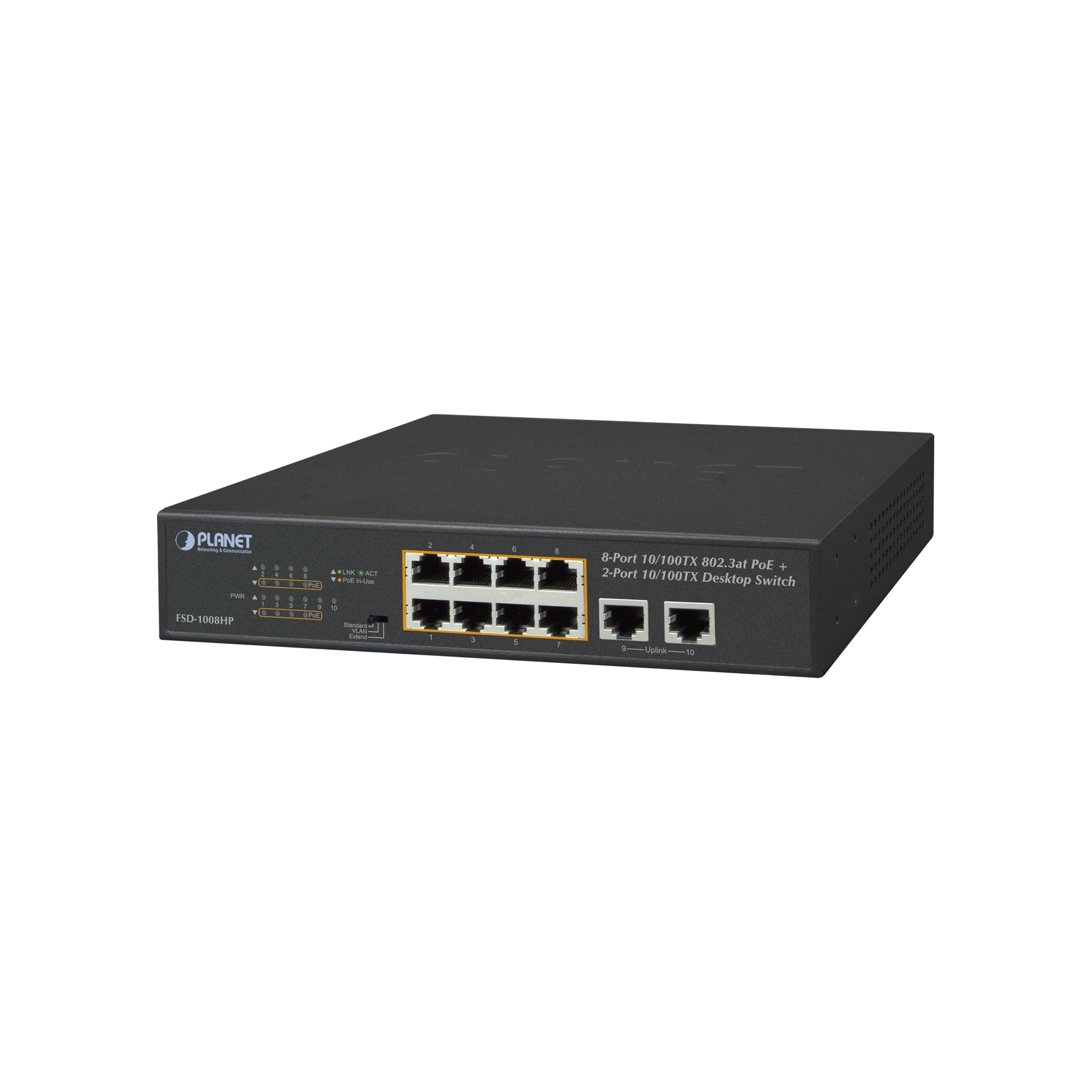 SWITCH NO ADMINISTRABLE, 8 PUERTOS POE 802.3AT 30 W, HASTA 250 M, 2 PUERTOS UPLINK-Switches PoE-PLANET-Bsai Seguridad & Controles