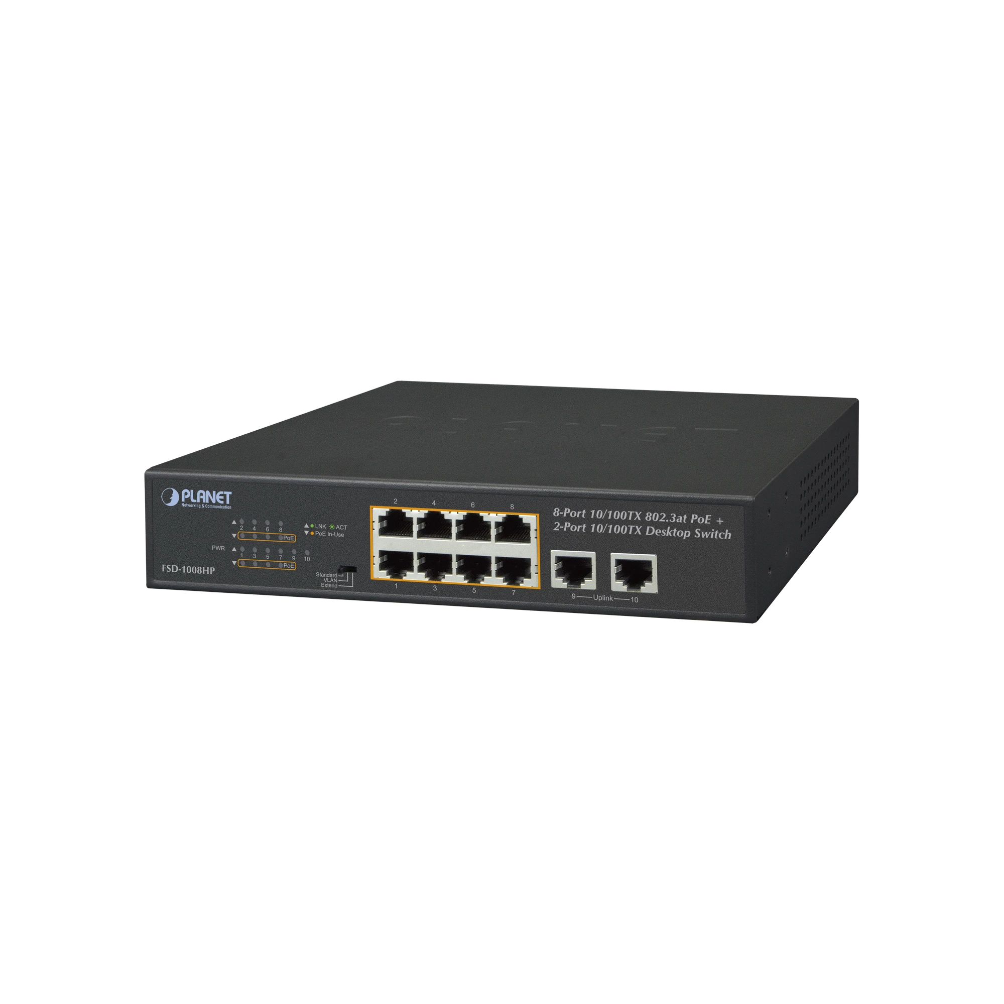 SWITCH NO ADMINISTRABLE, 8 PUERTOS POE 802.3AT 30 W, HASTA 250 M, 2 PUERTOS UPLINK-Switches PoE-PLANET-Bsai Seguridad & Controles