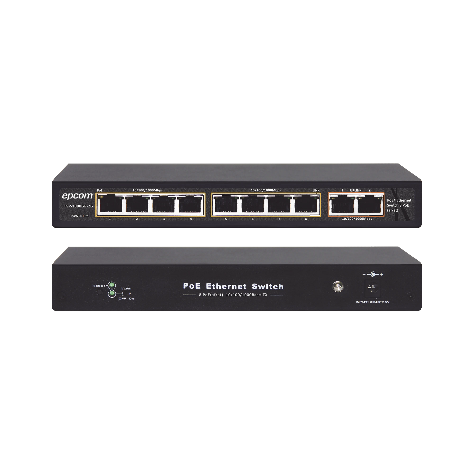 SWITCH POE / 100 METROS POE / 8 PUERTOS 802.3AF/AT ( 132.5 W ) 10/100/1000MBPS + 2 PUERTOS UPLINK-Switches-EPCOM TITANIUM-Bsai Seguridad & Controles