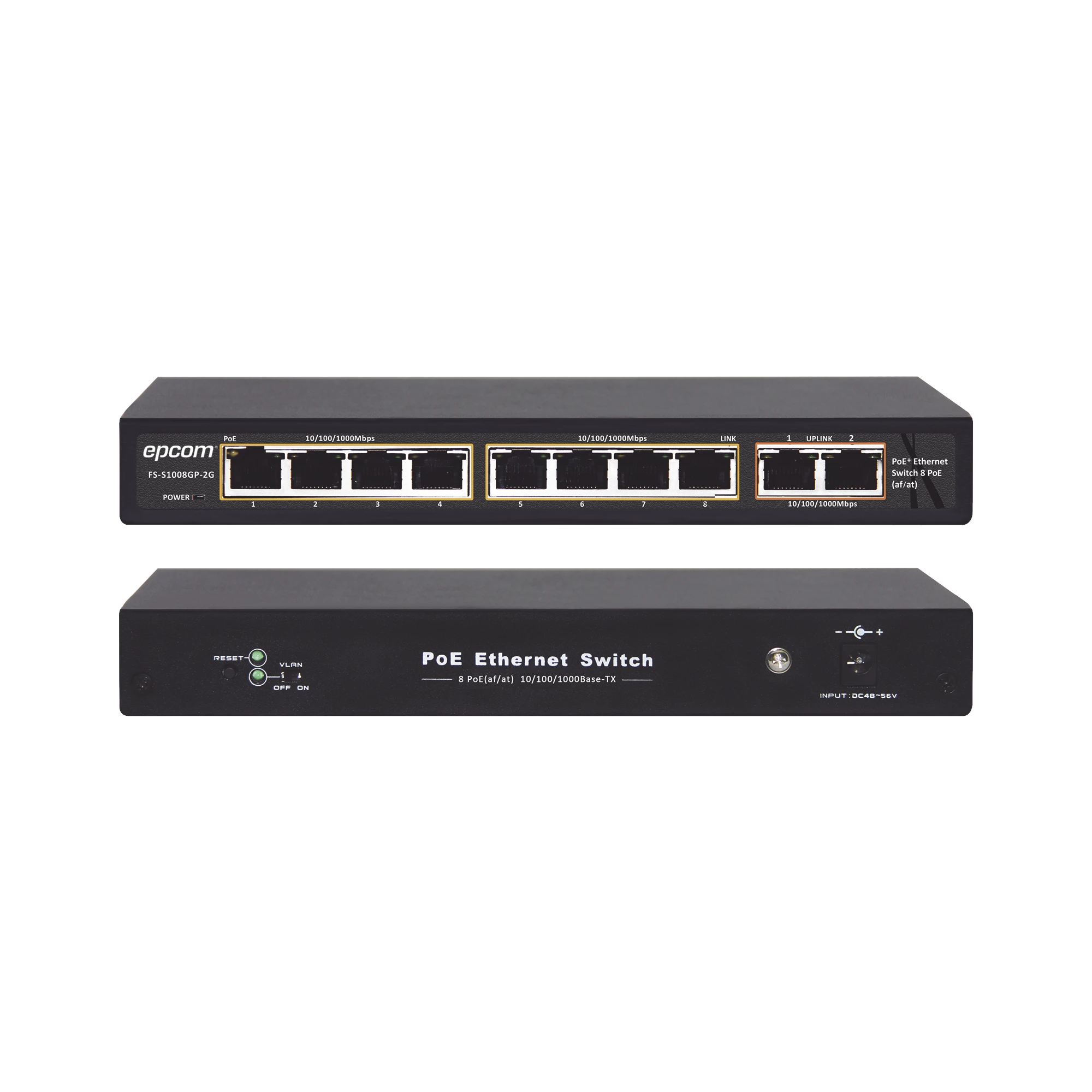 SWITCH POE / 100 METROS POE / 8 PUERTOS 802.3AF/AT ( 132.5 W ) 10/100/1000MBPS + 2 PUERTOS UPLINK-Switches-EPCOM TITANIUM-Bsai Seguridad & Controles