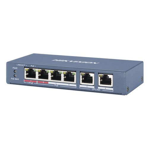 SWITCH POE+ / 3 PUERTOS 100 MBPS 802.3 AF/AT (30 W) + 1 PUERTO 100 MBPS HIPOE (60 W) / 2 PUERTOS UPLINK / 250 METROS POE LARGA DISTANCIA-Switches PoE-HIKVISION-Bsai Seguridad & Controles