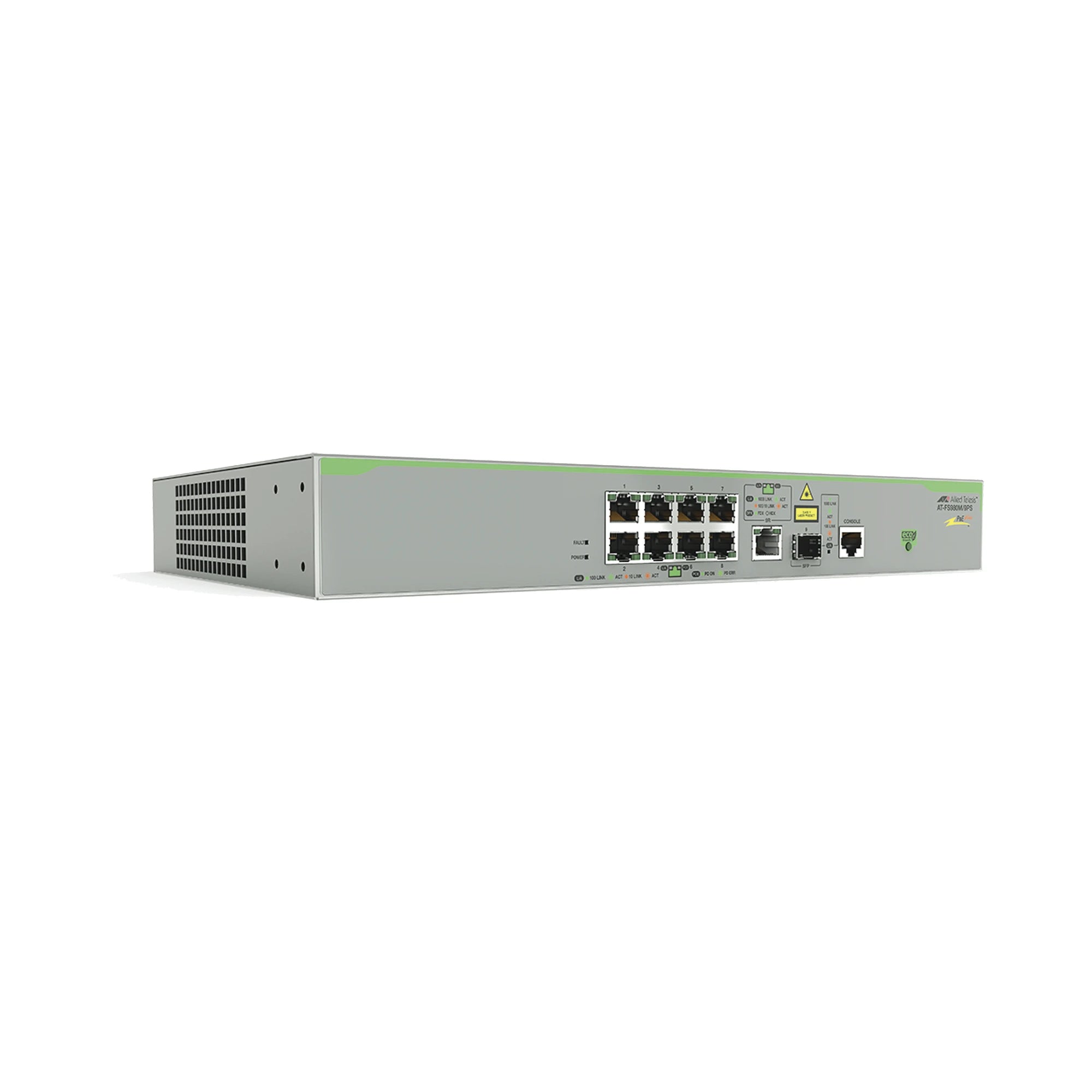 SWITCH POE+ ADMINISTRABLE CENTRECOM FS980M, CAPA 3 DE 8 PUERTOS 10/100 MBPS + 1 PUERTO RJ45 GIGABIT/SFP COMBO, 150 W-Switches PoE-ALLIED TELESIS-Bsai Seguridad & Controles
