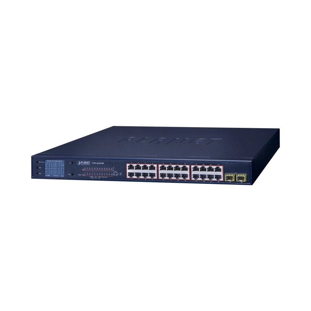 SWITCH POE+ CON MODO EXTENDIDO 250 M, 24 PUERTOS 10/100/1000T + 2 PUERTOS SFP 1000SX CON PANTALLA LCD A COLOR, HASTA 300 W PARA POE-Switches PoE-PLANET-Bsai Seguridad & Controles