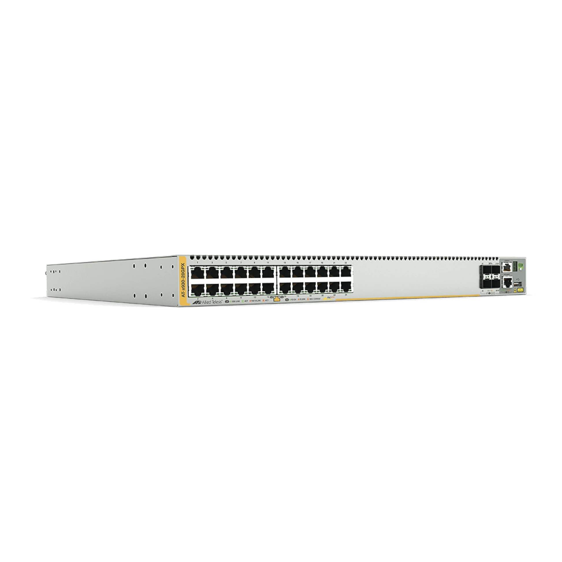 SWITCH POE+ STACKEABLE CAPA 3, 24 PUERTOS 10/100/1000 MBPS + 4 PUERTOS SFP+ 10 G Y DOS BAHÍAS HOTSWAP PSU, VERSIÓN FEDERAL-Switches PoE-ALLIED TELESIS-Bsai Seguridad & Controles