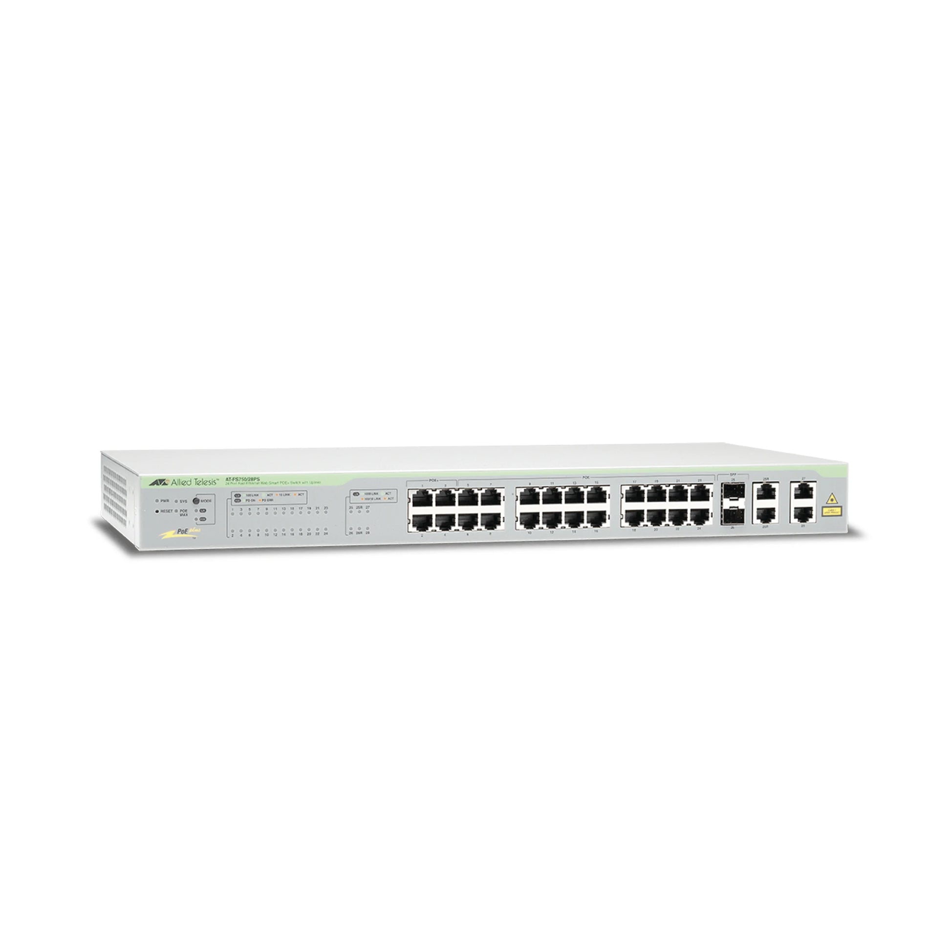 SWITCH POE+ WEBSMART DE 24 PUERTOS 10/100 MBPS + 2 PUERTOS 10/100/1000 MBPS + 2 SFP GIGABIT COMBO, 193 W-Switches PoE-ALLIED TELESIS-Bsai Seguridad & Controles