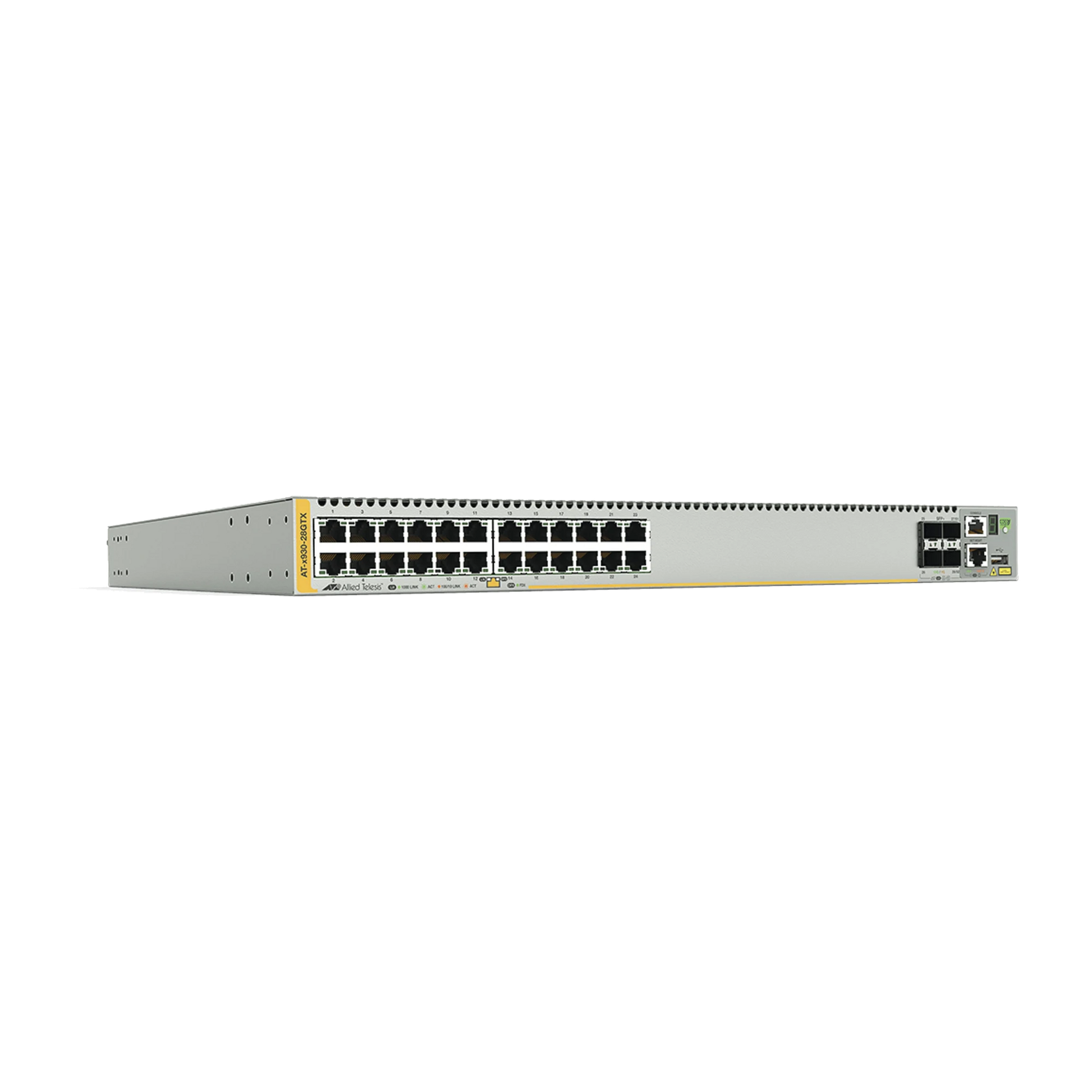SWITCH STACKEABLE CAPA 3, 24 PUERTOS 10/100/1000 MBPS + 4 PUERTOS SFP+ 10 G Y DOS BAHÍAS HOTSWAP PSU, VERSIÓN FEDERAL-Switches-ALLIED TELESIS-Bsai Seguridad & Controles