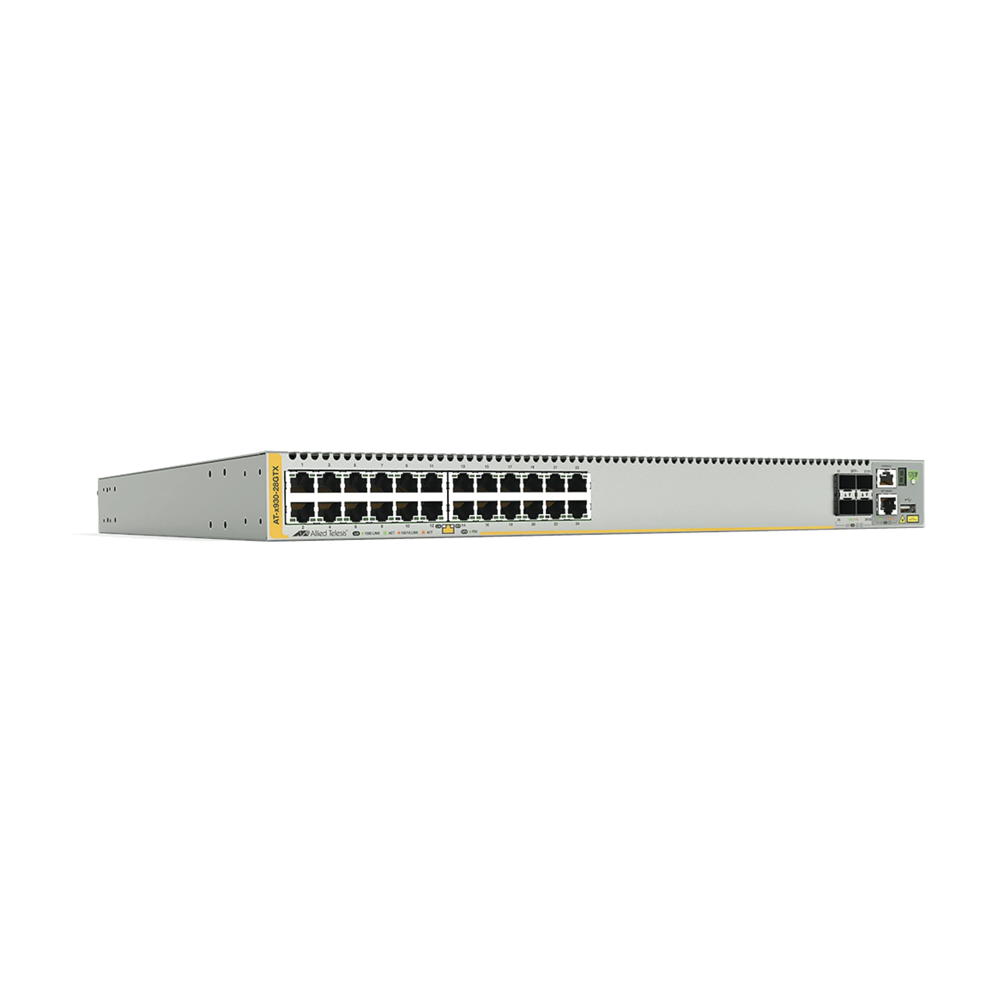 SWITCH STACKEABLE CAPA 3, 24 PUERTOS 10/100/1000 MBPS + 4 PUERTOS SFP+ 10 G Y DOS BAHÍAS HOTSWAP PSU, VERSIÓN FEDERAL-Switches-ALLIED TELESIS-Bsai Seguridad & Controles