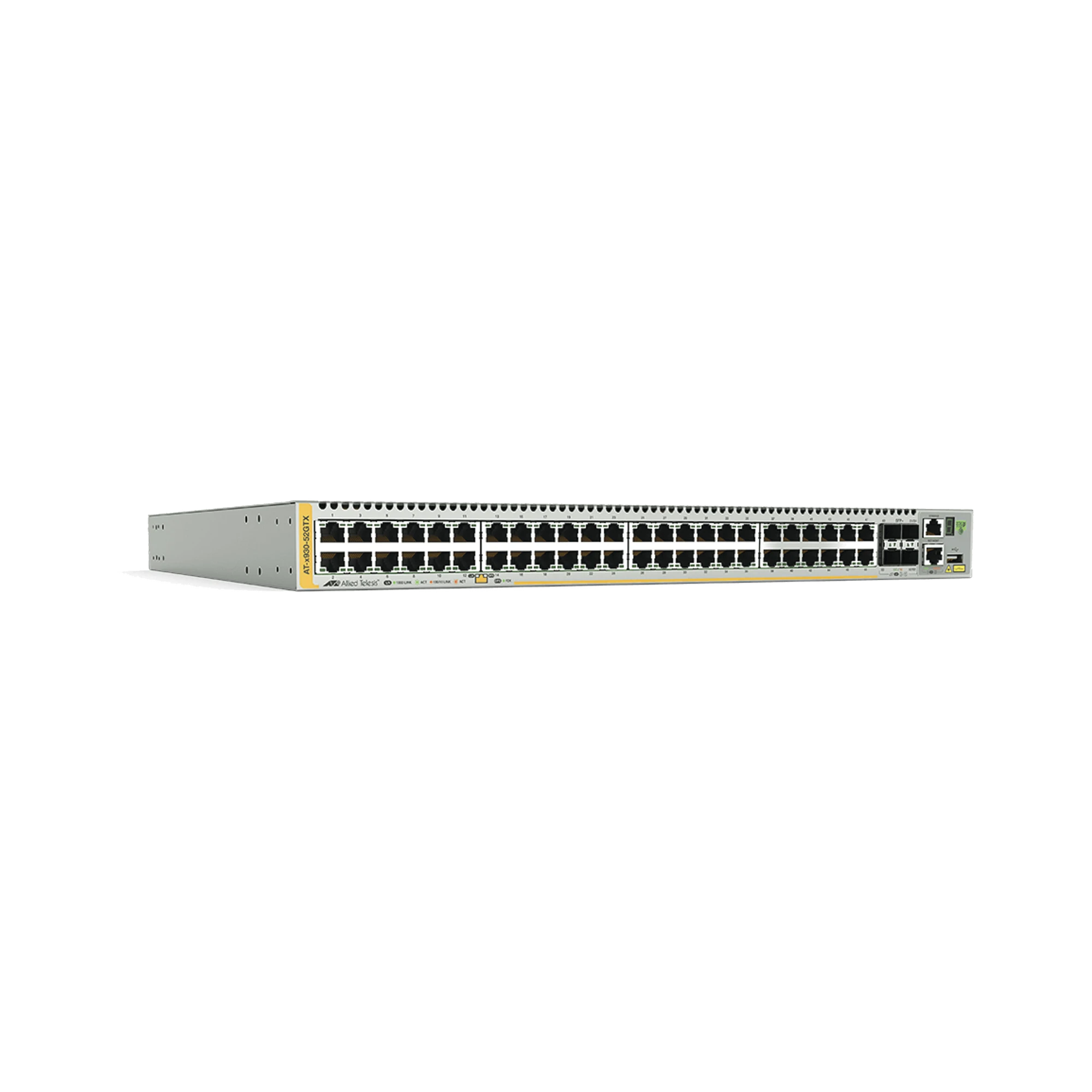 SWITCH STACKEABLE CAPA 3, 48 PUERTOS 10/100/1000 MBPS + 4 PUERTOS SFP+ 10 G Y DOS BAHÍAS HOTSWAP PSU, VERSIÓN FEDERAL-Switches-ALLIED TELESIS-Bsai Seguridad & Controles
