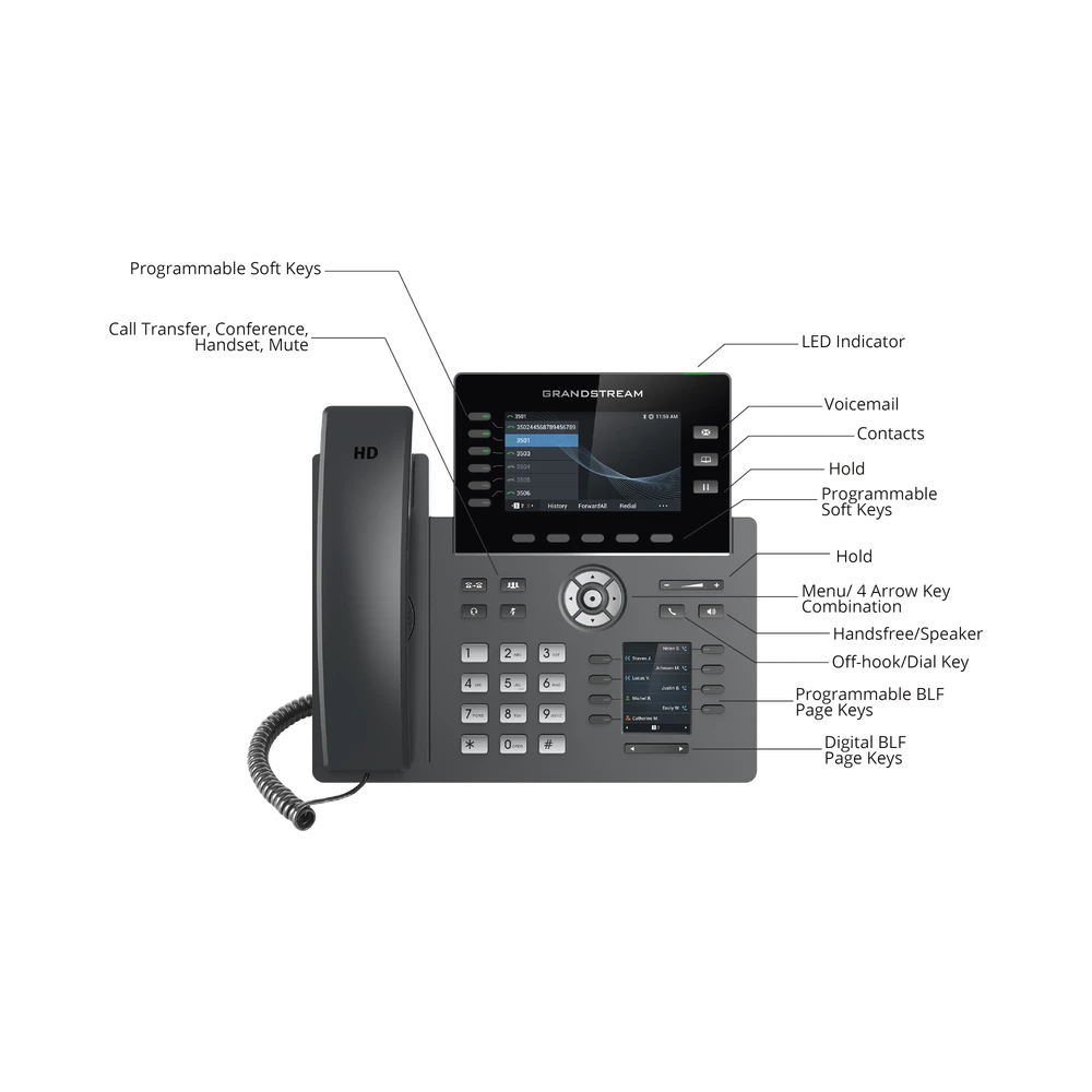 TELÉFONO IP DE ALTA CALIDAD, CON 6 LÍNEAS Y 6 CUENTAS SIP CON PUERTOS GIGABIT-VoIP y Telefonía IP-GRANDSTREAM-Bsai Seguridad & Controles