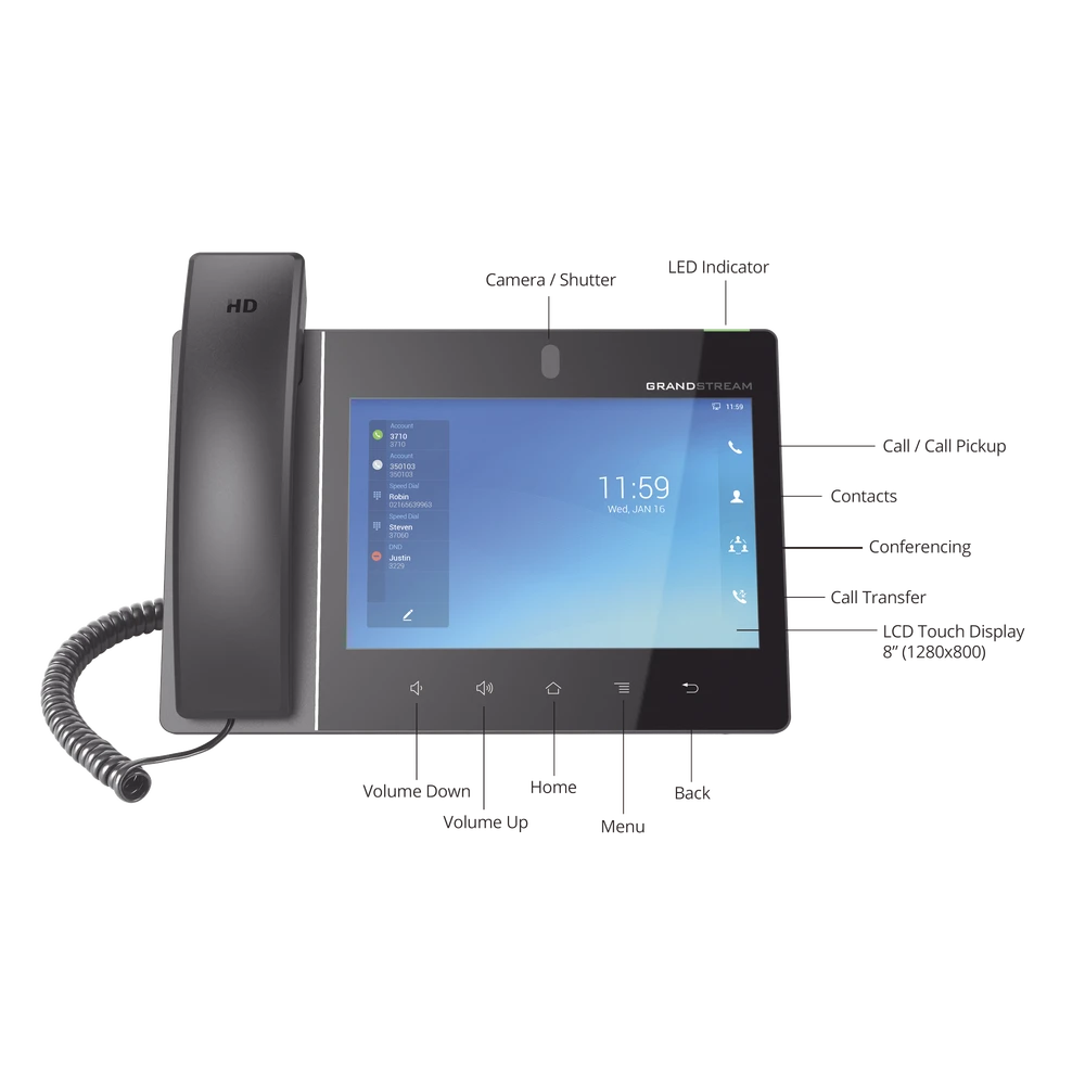 VIDEO TELÉFONO IP EMPRESARIAL ANDROID CON PANTALLA TÁCTIL (1280X800) HASTA 16 LÍNEAS Y 16 CUENTAS SIP-VoIP y Telefonía IP-GRANDSTREAM-Bsai Seguridad & Controles