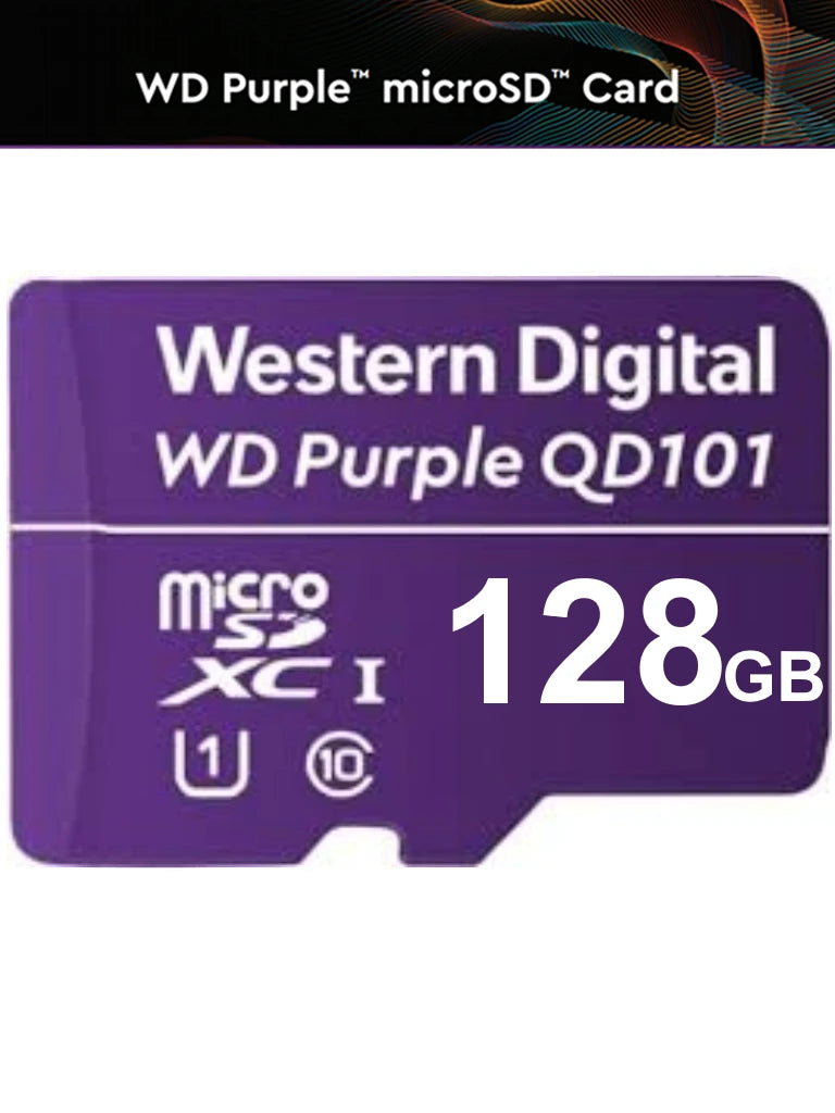 WESTERN WDD128G1P0C- MEMORIA DE 128GB MICRO SDXC/ LINEA PURPLE/ CLASE 10 U1/ LECTURA 50MB/ ESCRITURA 40MB/ ESPECIALIZADA PARA VIDEOVIGILANCIA-Memorias MicroSD y USB-WESTERN DIGITAL-Bsai Seguridad & Controles