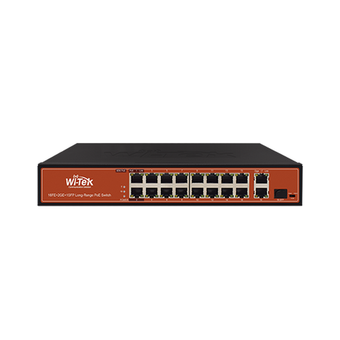 SWITCH FAST-ETHERNET POE NO ADMINISTRABLE DE LARGO ALCANCE, HASTA 250M, CON 16 X 10/100MBPS + 2 X 100/1000MBPS + 1 X SFP, 200 W-Switches PoE-WI-TEK-WI-PS518G-Bsai Seguridad & Controles