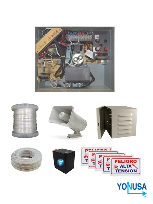 YONUSA PACK127AF -PAQUETE DE ENERGIZADOR DE ALTA FRECUENCIA CON INTERFACE/ SIRENA Y GABINETE METÁLICO/ BOBINA DE ALAMBRE 500 MTS/ BOBINA CABLE BUJÍA/ BATERÍA Y 5 LETRERO-Energizadores-YONUSA-Bsai Seguridad & Controles