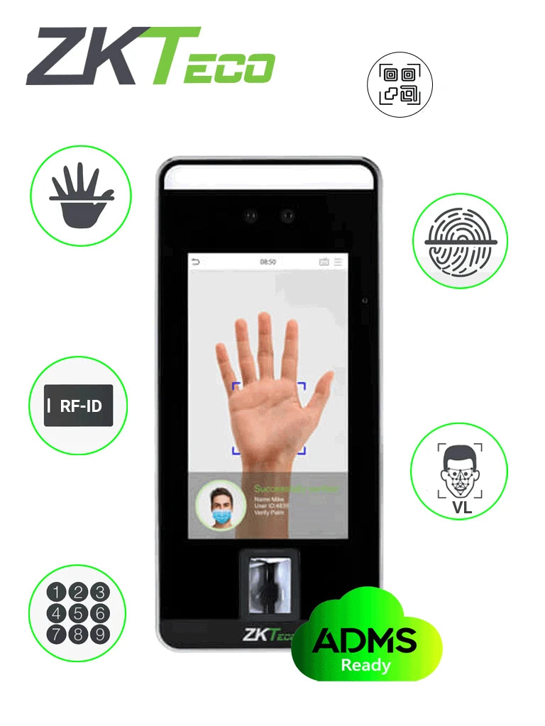 ZKTECO SPEEDFACEV5LP - CONTROL DE ACCESO Y ASISTENCIA FACIAL / 6000 ROSTROS / 3000 PALMAS / 6000 HUELLAS / 10000 TARJETAS ID 125KHZ / 200000 EVENTOS / VERIFICACIÓN POR CÓDIGO QR / LICENCIA DE BIO ACCESS MTD GRATIS-Facial-ZKTECO-Bsai Seguridad & Controles